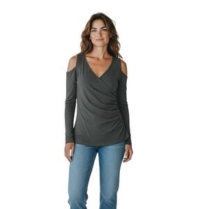 Merry Fun Charcoal Cold Shoulder Wrap Top‎ Ruched Long Sleeve V-Neck